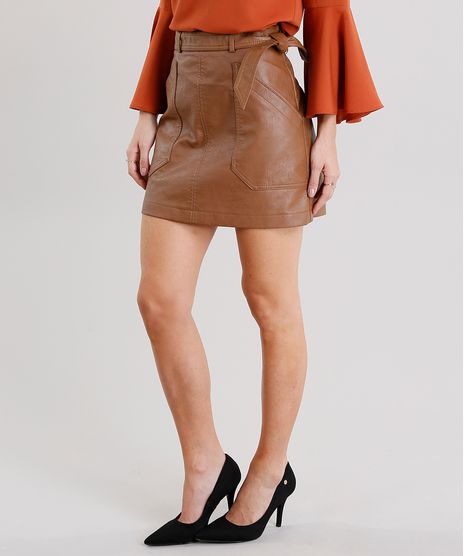 Saia-Feminina-com-Faixa-para-Amarracao-com-Bolsos-Caramelo-8898150-Caramelo_1