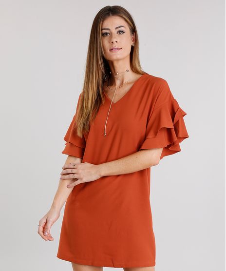Vestido-Feminino-Amplo-com-Babado-nas-Mangas-Decote-V-Curto-Laranja-Escuro-8915149-Laranja_Escuro_1