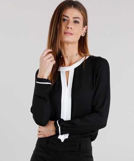 Blusa-Feminina-Ampla-com-Recorte-Contrastante-Manga-Longa-Decote-Redondo-Preta-8887768-Preto_1