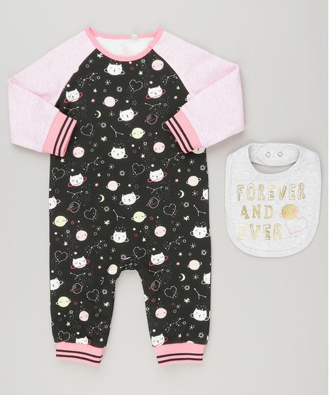 Macacao-Infantil-Raglan-Estampado-de-Gatinhos-Manga-Longa-em-Moletom-Preto---Babador--Forever-and-Ever--em-Algodao---Sustentavel-Cinza-Mescla-Claro-8878550-Cinza_Mescla_Claro_1