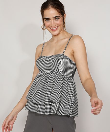 Regata-Feminina-Mindset-Estampada-Xadrez-Vichy-com-Babados-Alca-Fina-Decote-Reto-Preta-9972970-Preto_1