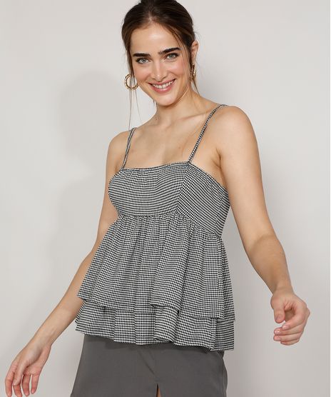 Regata-Feminina-Mindset-Estampada-Xadrez-Vichy-com-Babados-Alca-Fina-Decote-Reto-Preta-9972970-Preto_1