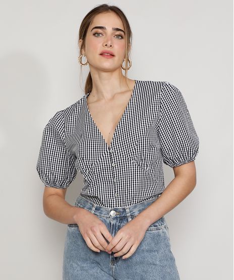 Blusa-Feminina-Mindset-Estampada-Xadrez-Vichy-com-Botoes-Manga-Bufante-Decote-V-Preta-9988083-Preto_1