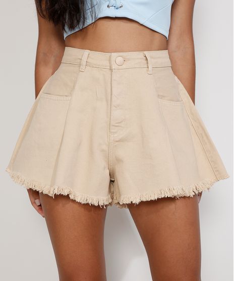 Short-de-Sarja-Feminino-Gode-Cintura-Alta-com-Pences-e-Barra-Desfiada-Kaki-9978131-Kaki_1
