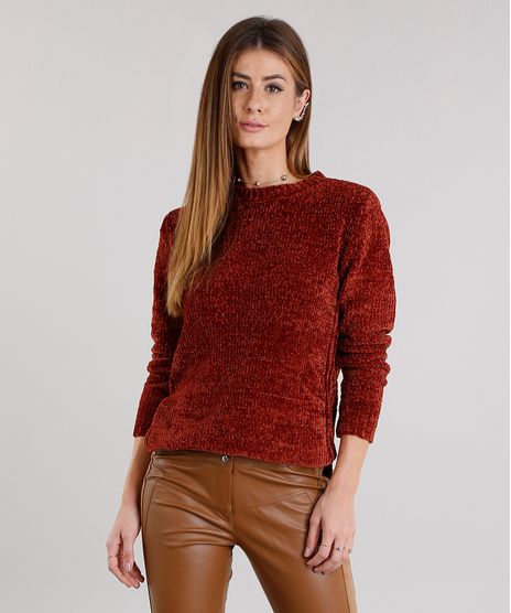 Sueter-Feminino-Longo-em-Trico-de-Chenille-com-Fendas-Manga-Longa-Laranja-Escuro-8835140-Laranja_Escuro_1
