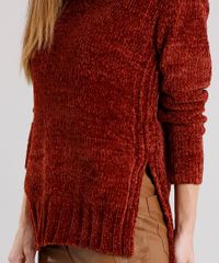 Sueter-Feminino-Longo-em-Trico-de-Chenille-com-Fendas-Manga-Longa-Laranja-Escuro-8835140-Laranja_Escuro_4