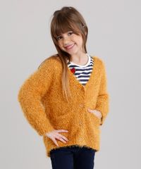 Sueter-Infantil-Felpudo-em-Trico-com-Bolsos-Decote-V-Amarelo-Escuro-8862445-Amarelo_Escuro_1