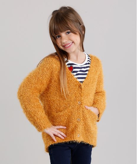 Sueter-Infantil-Felpudo-em-Trico-com-Bolsos-Decote-V-Amarelo-Escuro-8862445-Amarelo_Escuro_1
