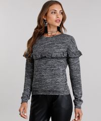 Sueter-Feminino-com-Babado-em-Trico-Manga-Longa-Decote-Redondo-Cinza-Mescla-Escuro-8889198-Cinza_Mescla_Escuro_1