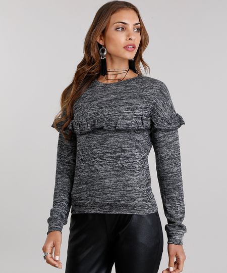 Sueter-Feminino-com-Babado-em-Trico-Manga-Longa-Decote-Redondo-Cinza-Mescla-Escuro-8889198-Cinza_Mescla_Escuro_1