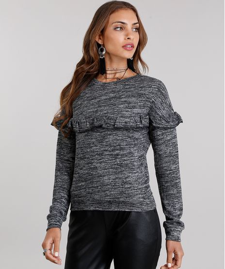 Sueter-Feminino-com-Babado-em-Trico-Manga-Longa-Decote-Redondo-Cinza-Mescla-Escuro-8889198-Cinza_Mescla_Escuro_1