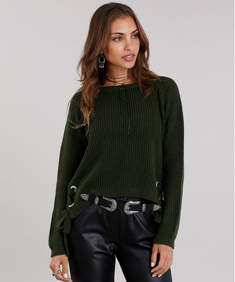 Sueter-Feminino-em-Trico-com-Ilhos-e-Amarracao-Manga-Longa-Decote-Redondo-Verde-Militar-8901645-Verde_Militar_1
