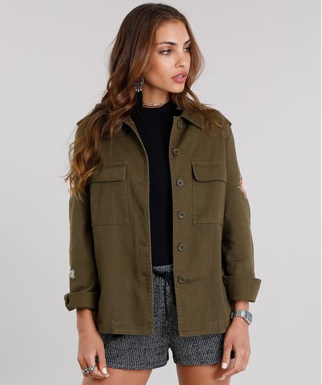 Jaqueta-Feminina-Militar-com-Bordado-Floral-em-Sarja-com-Bolsos-Verde-Militar-8858864-Verde_Militar_1