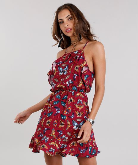 Vestido-Feminino-Halter-Neck-Estampado-de-Borboletas-Curto-com-Babados-e-Alcas-Finas-Vinho-8900331-Vinho_1