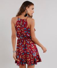 Vestido-Feminino-Halter-Neck-Estampado-de-Borboletas-Curto-com-Babados-e-Alcas-Finas-Vinho-8900331-Vinho_2