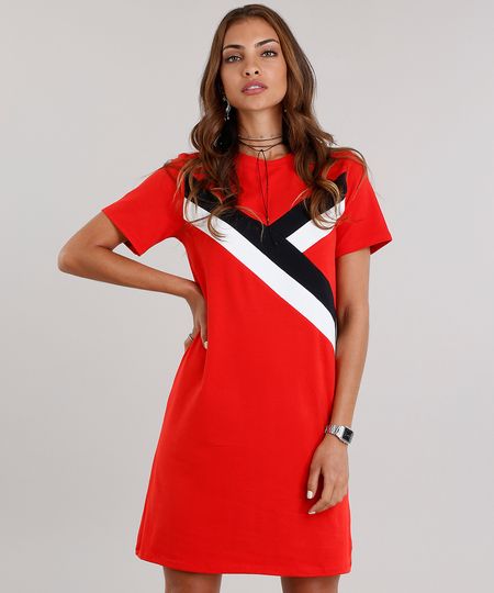 Vestido-Feminino-com-Recortes-Manga-Curta-Decote-Redondo-Curto-em-Algodao---Sustentavel-Vermelho-9150807-Vermelho_1