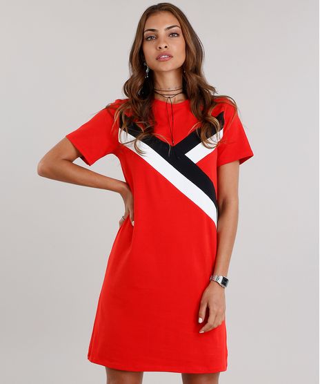 Vestido-Feminino-com-Recortes-Manga-Curta-Decote-Redondo-Curto-em-Algodao---Sustentavel-Vermelho-9150807-Vermelho_1