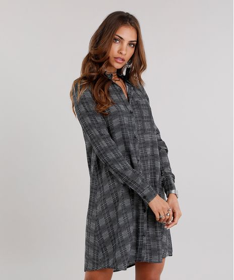 Vestido-Feminino-Chemise-Xadrez-Curto-Manga-Longa-Preto-9120692-Preto_1