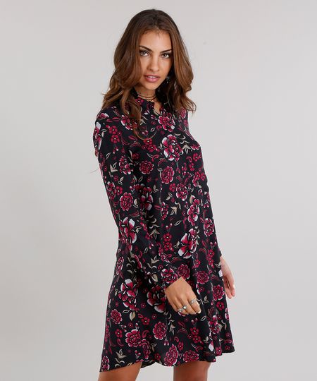Vestido-Feminino-Chemise-Estampado-Floral-Curto-Manga-Longa-Preto-9120654-Preto_1