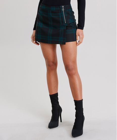 Short-Saia-Feminino-Xadrez-Curto-com-Ziper-Verde-Escuro-8853657-Verde_Escuro_1