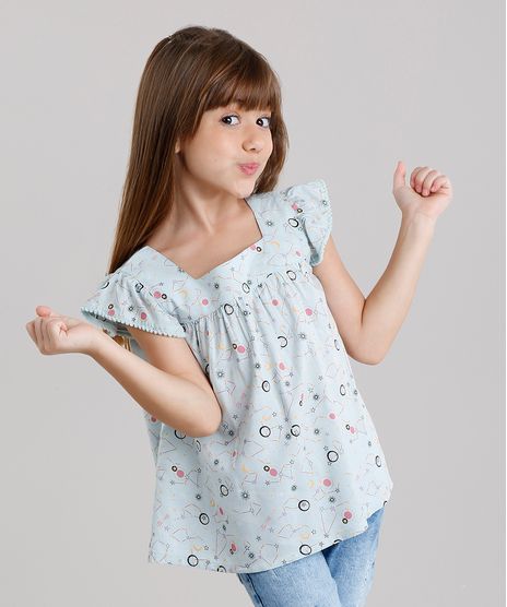 Blusa-Infantil-com-Pompom-estampada-de-estrelas-Manga-Curta-Decote-Redondo-Verde-Claro-8821805-Verde_Claro_1