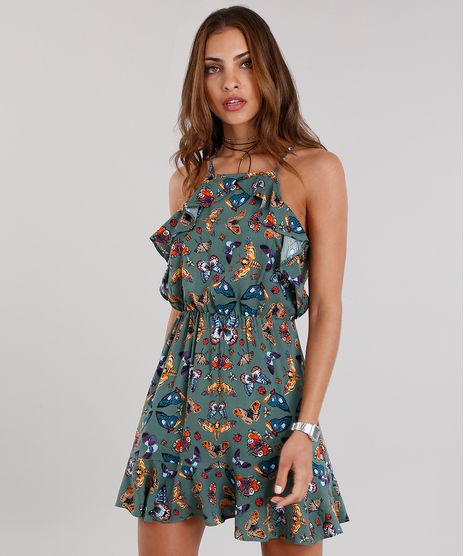 Vestido-Feminino-Halter-Neck-Estampado-de-Borboletas-Curto-com-Babados-e-Alcas-Finas-Verde-Militar-8900331-Verde_Militar_1