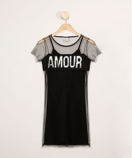 Vestido-de-Tule-Juvenil-com-Paetes-Manga-Curta-Preto-9967652-Preto_1