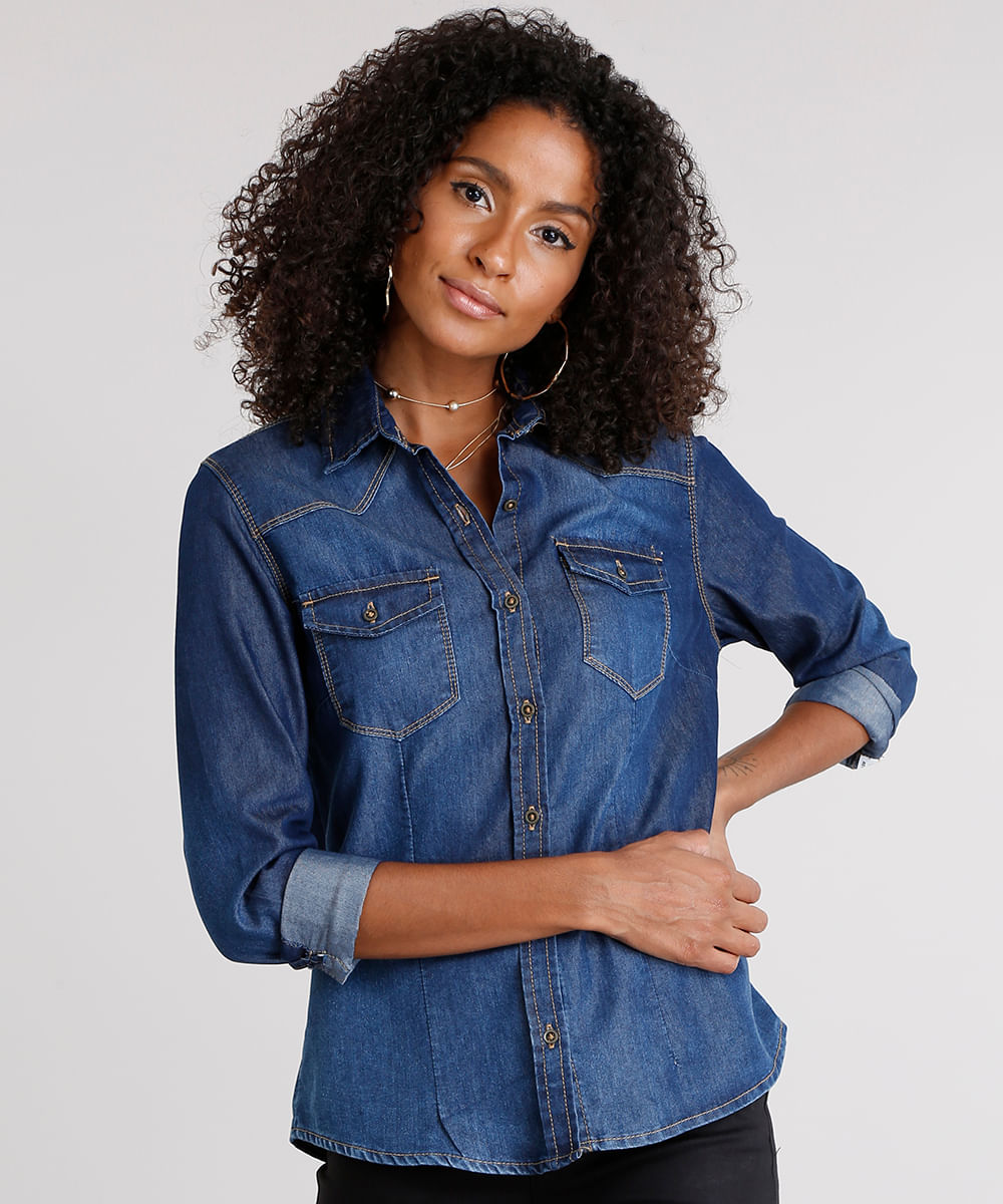 camisa azul jeans feminina