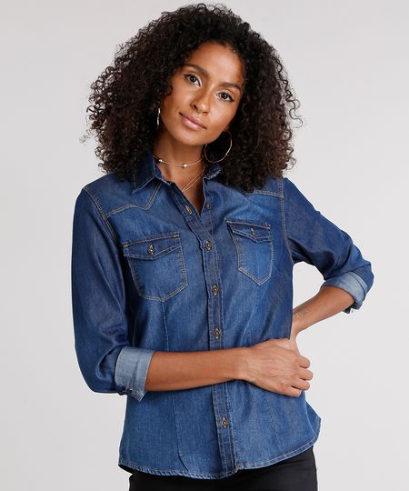 Camisa-Jeans-Feminina-com-Bolsos-Azul-Escuro-9157062-Azul_Escuro_1
