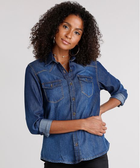 Camisa-Jeans-Feminina-com-Bolsos-Azul-Escuro-9157062-Azul_Escuro_1