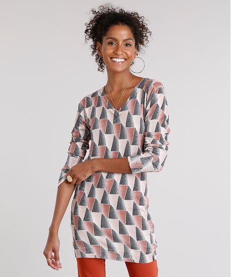 Sueter-Feminino-Longo-Estampado-Geometrico-em-Trico-Decote-V-Manga-Longa-Laranja-Escuro-8926745-Laranja_Escuro_1