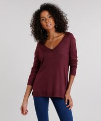Sueter-Feminino-Basico-com-Fendas-Decote-V-Manga-Longa-Vinho-8881681-Vinho_1
