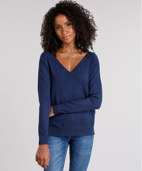 Sueter-Feminino-Basico-com-Fendas-Decote-V-Manga-Longa-Azul-Marinho-8881682-Azul_Marinho_1