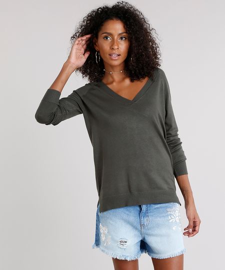 Sueter-Feminino-Basico-com-Fendas-Decote-V-Manga-Longa-Verde-Militar-8881682-Verde_Militar_1