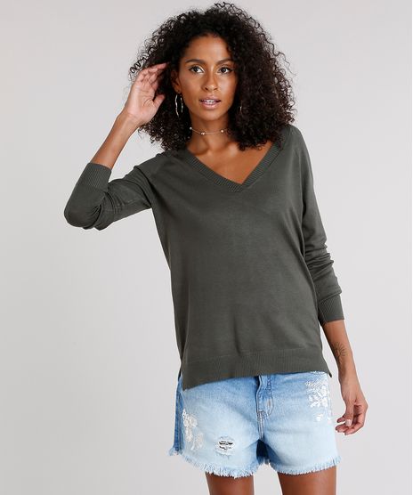 Sueter-Feminino-Basico-com-Fendas-Decote-V-Manga-Longa-Verde-Militar-8881682-Verde_Militar_1