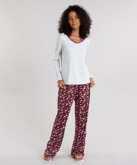 Pijama-Feminino-com-Estampa-Floral-Manga-Longa-Cinza-Mescla-Claro-9122654-Cinza_Mescla_Claro_1