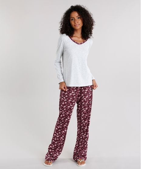 Pijama-Feminino-com-Estampa-Floral-Manga-Longa-Cinza-Mescla-Claro-9122654-Cinza_Mescla_Claro_1