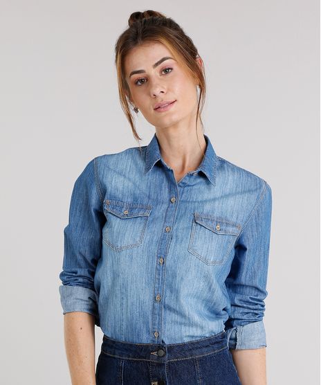 Camisa-Jeans-Feminina-com-Bolsos-Azul-Medio-9157061-Azul_Medio_1