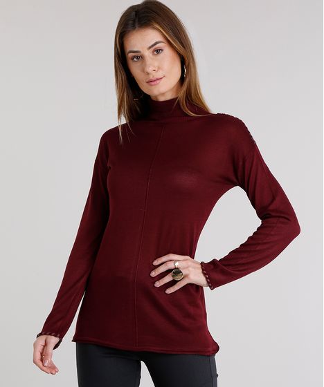 Blusa Feminina Gola Alta Em Trico Com Trancado Manga Longa Vinho Cea