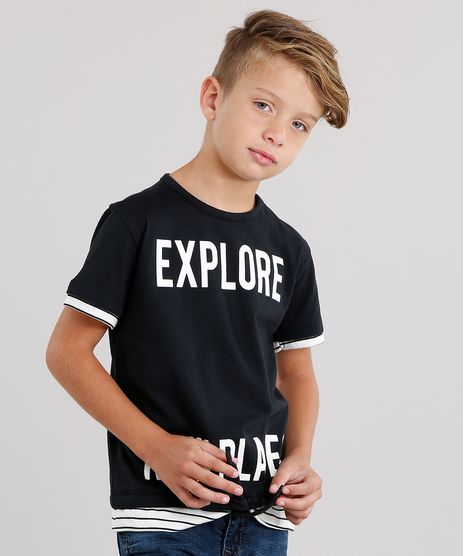Camiseta-Infantil-Sobreposicao--Explore--com-Cordao-Manga-Curta-Gola-Careca-em-Algodao---Sustentavel-Preta-9036573-Preto_1