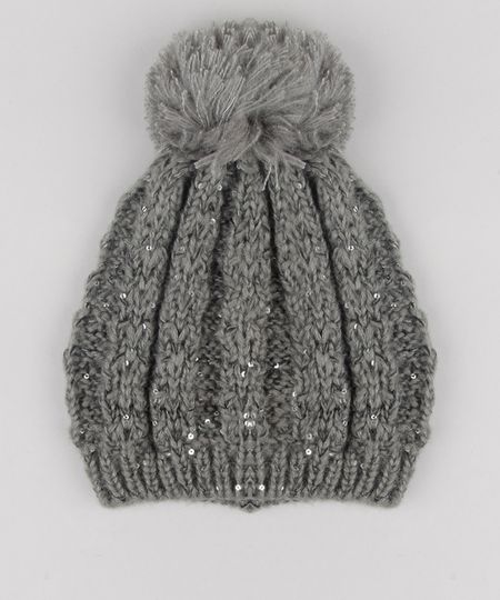Gorro-Feminino-em-Trico-com-Paetes-e-Pompom-Cinza-8764824-Cinza_1