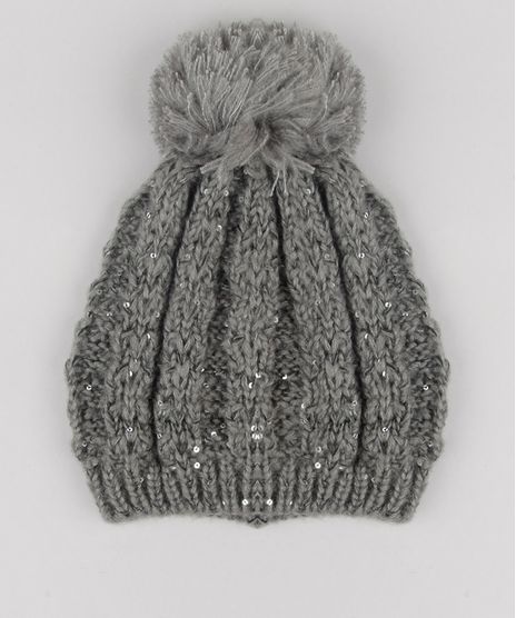 Gorro-Feminino-em-Trico-com-Paetes-e-Pompom-Cinza-8764824-Cinza_1