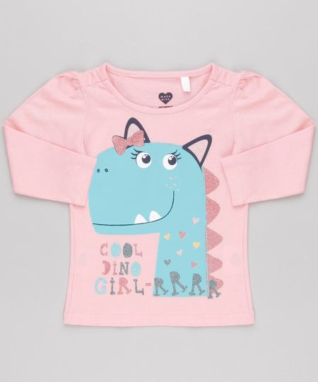Blusa-Infantil-Dinossauro-com-Glitter-Manga-Longa-Decote-Redondo-em-Algodao---Sustentavel-Rosa-9145678-Rosa_1