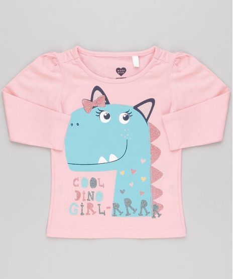 Blusa-Infantil-Dinossauro-com-Glitter-Manga-Longa-Decote-Redondo-em-Algodao---Sustentavel-Rosa-9145678-Rosa_1