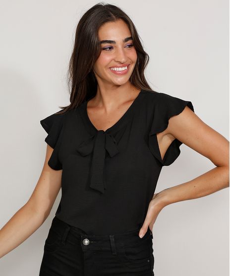 Blusa-de-Crepe-Feminina-Manga-Curta-com-Babado-Gola-Laco-Preta-9976418-Preto_1