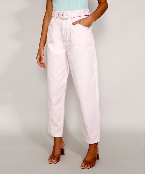 Calca-de-Sarja-Feminina-Baggy-Cintura-Super-Alta-com-Cinto-Rosa-Claro-9981892-Rosa_Claro_1