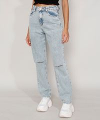 Calca-Jeans-Feminina-Reta-Cintura-Super-Alta-Marmorizada-com-Rasgos-no-Joelho-Azul-Claro-9985532-Azul_Claro_1