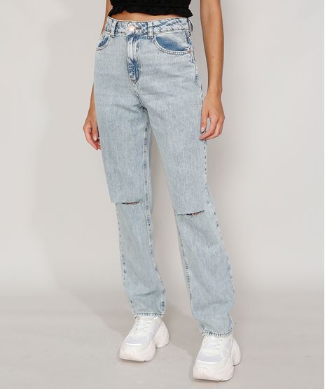 Calca-Jeans-Feminina-Reta-Cintura-Super-Alta-Marmorizada-com-Rasgos-no-Joelho-Azul-Claro-9985532-Azul_Claro_1