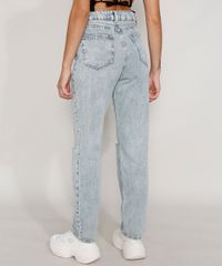 Calca-Jeans-Feminina-Reta-Cintura-Super-Alta-Marmorizada-com-Rasgos-no-Joelho-Azul-Claro-9985532-Azul_Claro_2