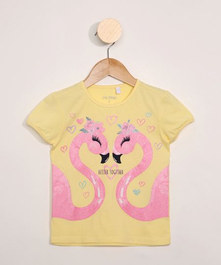 Blusa-Infantil-Manga-Curta-Flamingos-com-Glitter-Amarelo-9976454-Amarelo_1